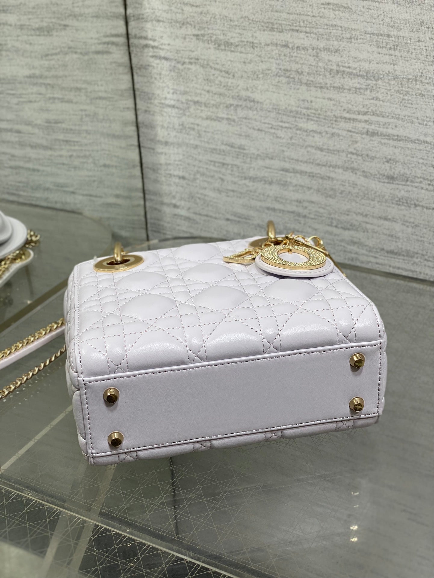 DIOR 25S MINI LADY DIOR BAG 17 IN LILAC CALFSKIN CHARM CRYSTAL EMBELLISHMENTS
