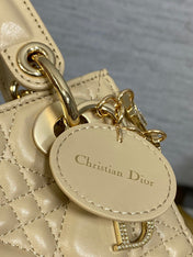 DIOR 25S MINI LADY DIOR BAG 17 IN BISCUIT CALFSKIN CHARM CRYSTAL EMBELLISHMENTS
