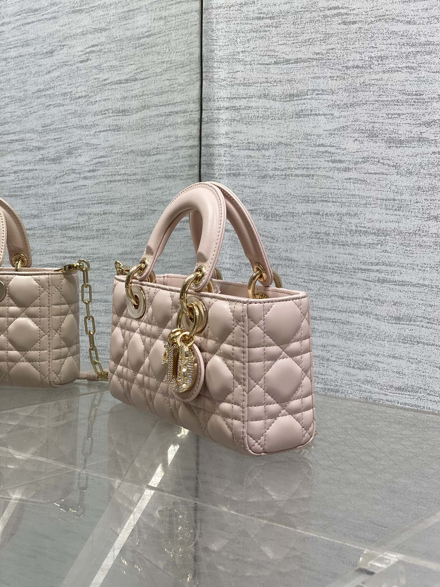 DIOR 25S SMALL LADY D‑JOY BAG 22 IN BABY PINK CALFSKIN GOLD HARDWRE