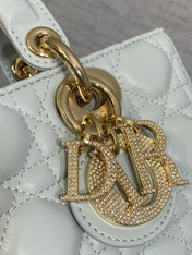 DIOR 25S SMALL LADY D‑JOY BAG 22 IN SHIRT BLUE CALFSKIN GOLD HARDWARE