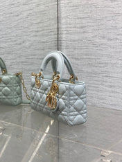 DIOR 25S SMALL LADY D‑JOY BAG 22 IN SHIRT BLUE CALFSKIN GOLD HARDWRE