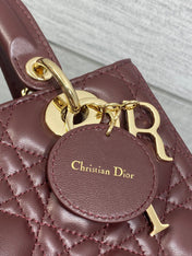 DIOR 25S MEDIUM LADY BAG 24 IN BURGUNDY CALFSKIN GOLD HARDWRE