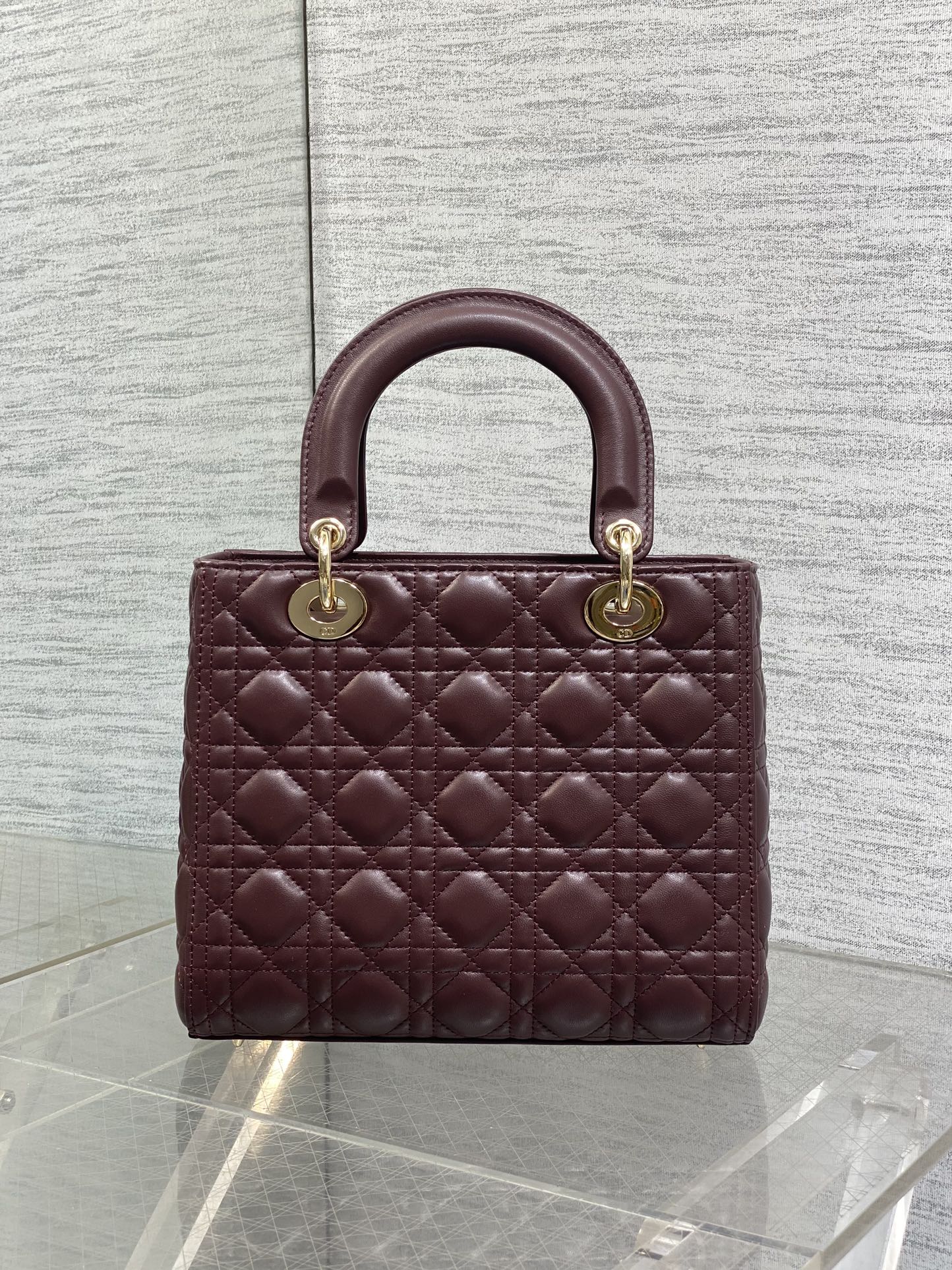 DIOR 25S MEDIUM LADY BAG 24 IN BURGUNDY CALFSKIN GOLD HARDWRE