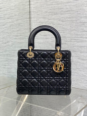 DIOR 25S MEDIUM LADY BAG 24 IN BLACK CALFSKIN GOLD HARDWARE