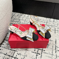 VLTN HIGH HEEL 25S 40 MM IN BLACK FABRIC MIX SILVER CALFSKIN WITH BOW