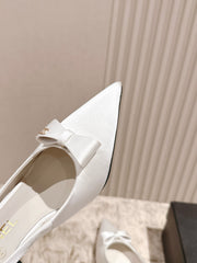 CC HIGH SLINGBACK IN WHITE SATIN WITH BOW ATTACHED