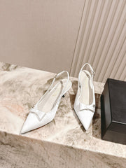 CC HIGH SLINGBACK IN WHITE SATIN WITH BOW ATTACHED