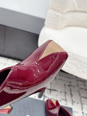 CHANEL 26S SQUARE-TOE HEELED MULES 95 MM IN MERLOT RED PATENT LAMBSKIN