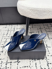 CHANEL 26S SQUARE-TOE HEELED MULES 95 MM IN CREAM MIX NAVY BLUE PATENT LAMBSKIN