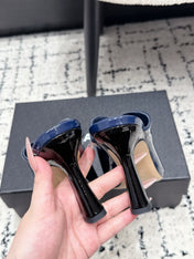 CHANEL 26S SQUARE-TOE HEELED MULES 95 MM IN CREAM MIX NAVY BLUE PATENT LAMBSKIN