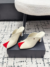 CHANEL 26S SQUARE-TOE HEELED MULES 95 MM IN CREAM WHITE MIX RED PATENT LAMBSKIN