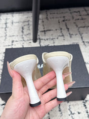 CHANEL 26S SQUARE-TOE HEELED MULES 95 MM IN CREAM WHITE MIX RED PATENT LAMBSKIN