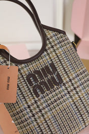 IVY MINI TOTE BAG 20 IN COLORFUL TARTAN AND BROWN LEATHER TRIM