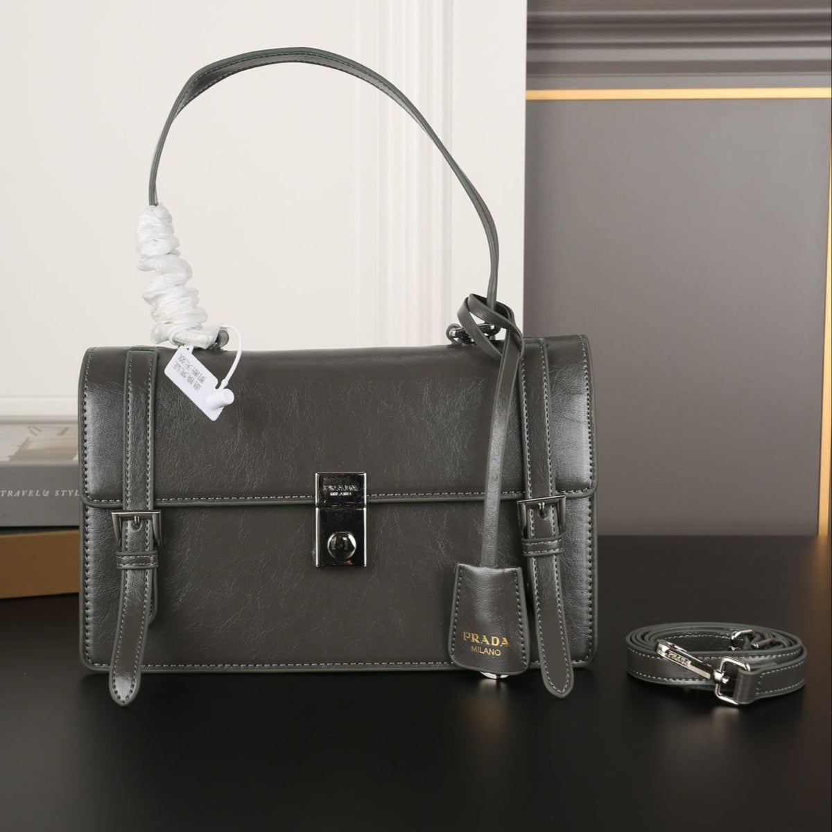 WORK BRIEFCASE 33 IN CHARCOAL GREY SHINY SMOOTH CALFSKIN