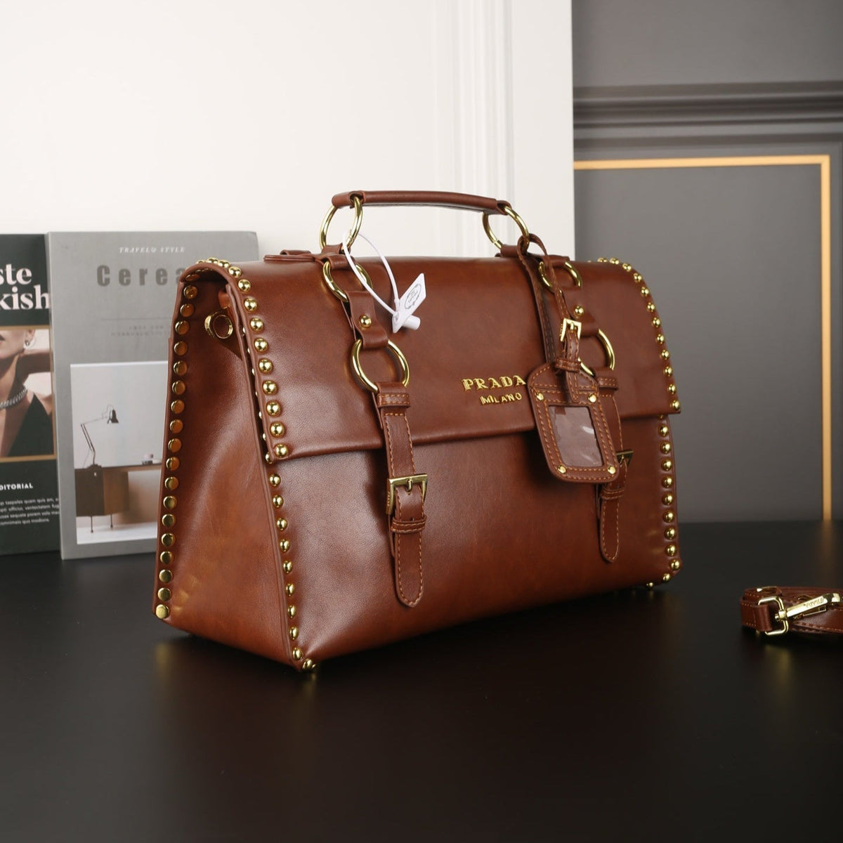 STUDDED BRIEFCASE 34 IN BROWN SHINY SMOOTH CALFSKIN