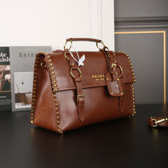 STUDDED BRIEFCASE 34 IN BROWN SHINY SMOOTH CALFSKIN
