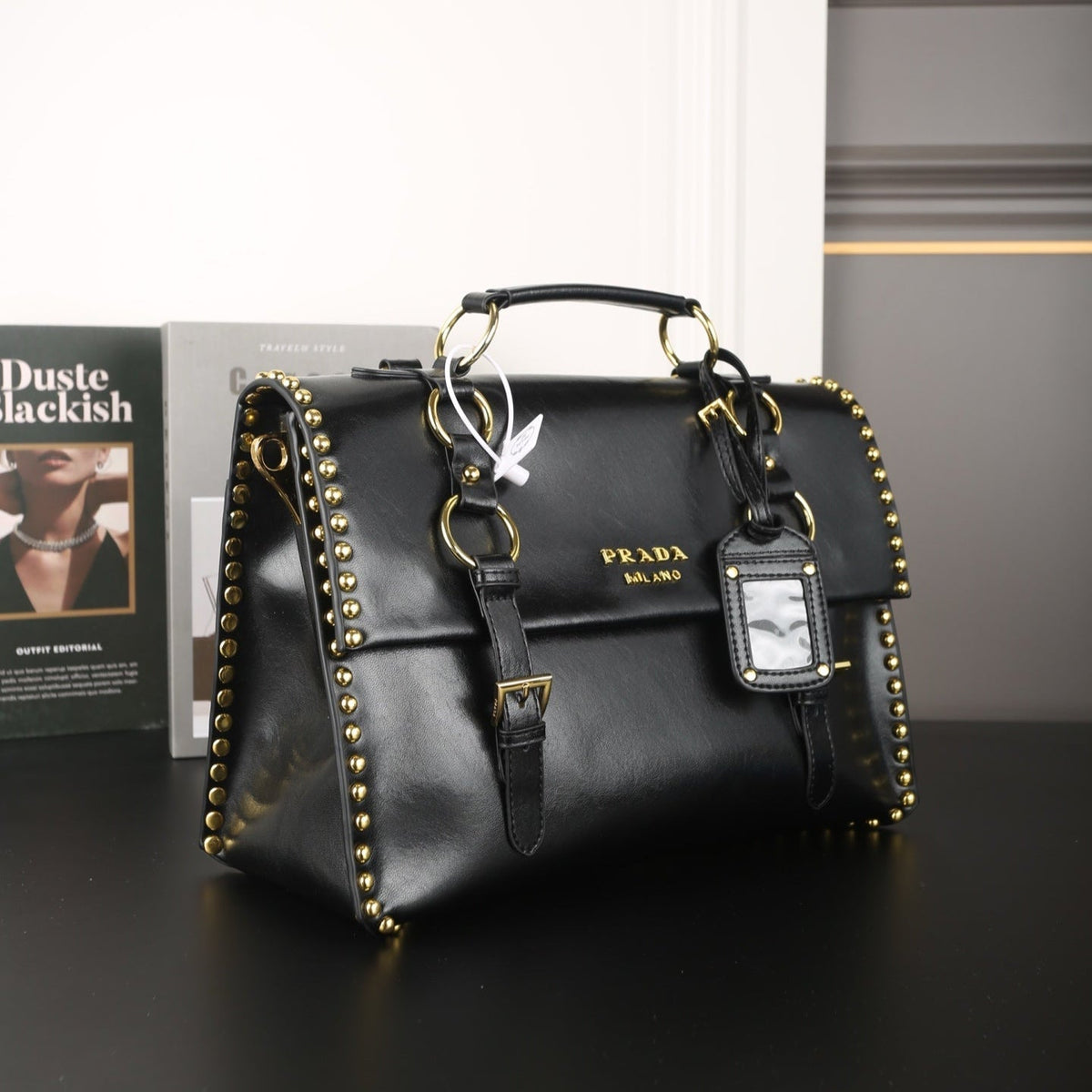 STUDDED BRIEFCASE 34 IN BLACK SHINY SMOOTH CALFSKIN