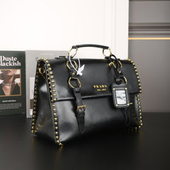STUDDED BRIEFCASE 34 IN BLACK SHINY SMOOTH CALFSKIN