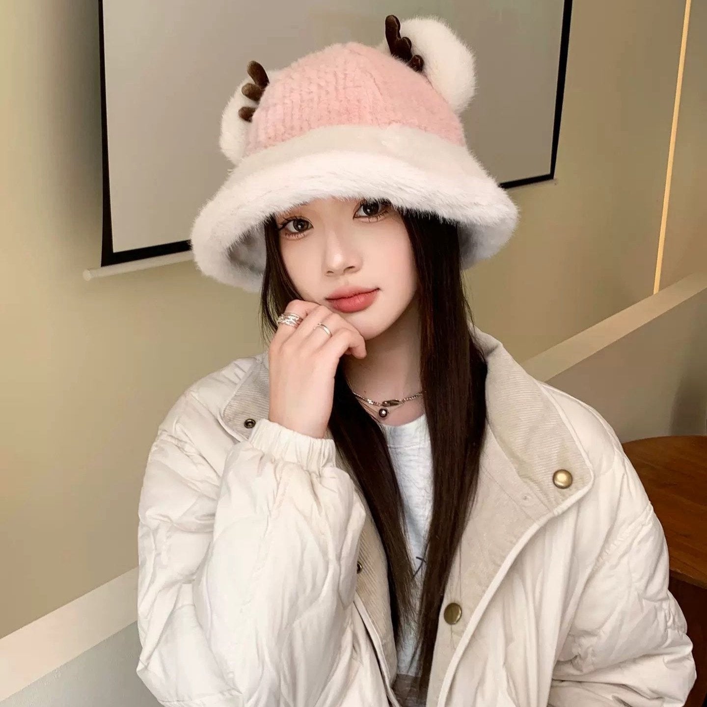 FISHERMAN HAT IN PINK MIX WHITE WOOL AND RABBIT FUR 409760