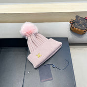 KNITTED BEANIE HAT IN LIGHT PINK WOOL AND FOX FUR 409789