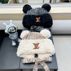 KNITTED BEANIE HAT IN BLACK MIX GRAY WOOL WITH CUTE BEAR EARS 422498