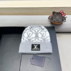 KNITTED BEANIE HAT IN LIGHT GRAY MIX WHITE WOOL AND RABBIT FUR 426242