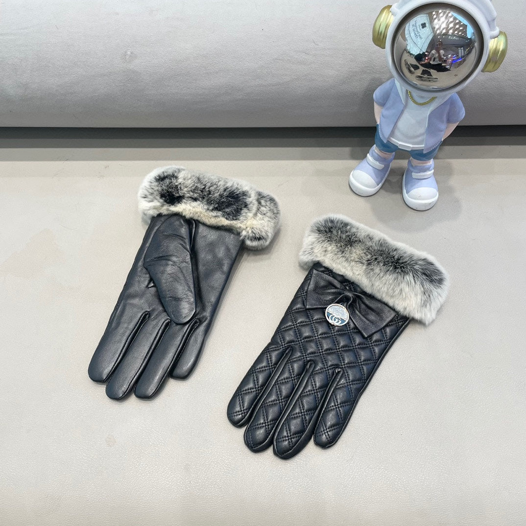 TOUCHSCREEN GLOVES WITH BOW IN BLACK RABBIT FUR MIX LAMBSKIN 463796