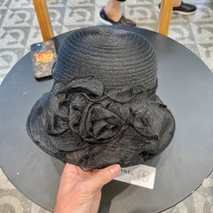 STRAW HAT WITH CHIFFON FLOWER BLACK 672760