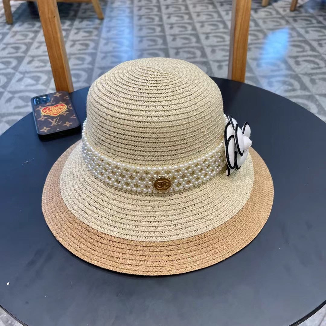 STRAW BUCKET HAT WINDSOR GREIGE WITH PEARLS 672763