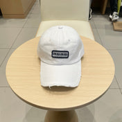 MM DISTRESSED FABRIC BASEBALL CAP IN WHITE WITH EMBROIDERED LOGO