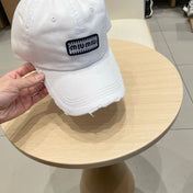 MM DISTRESSED FABRIC BASEBALL CAP IN WHITE WITH EMBROIDERED LOGO