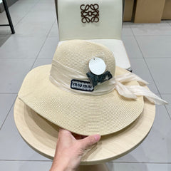 MM WIDE-BRIM BEACH HAT IN LIGHT BEIGE WITH FABRIC BOW
