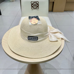 MM WIDE-BRIM BEACH HAT IN LIGHT BEIGE WITH FABRIC BOW