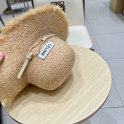 WIDE BRIM HAT MODEL 650421 IN NATURAL WITH BEIGE LEATHER STRAP RAFFIA STRAW