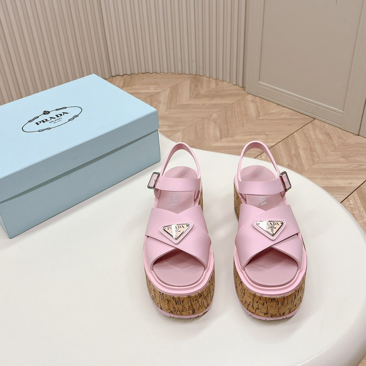 PRA WEDGE PLATFORM SANDALS PASTEL PINK CALFSKIN