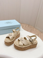 PRA WEDGE PLATFORM SANDALS BEIGE CALFSKIN