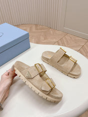 Double Buckle Strap Slides 20 Light Brown Suede