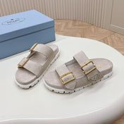 Double Buckle Strap Slides 20 Light Grey Suede