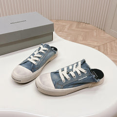 PARIS MULES IN BLUE DESTROYED DENIM AND RUBBER