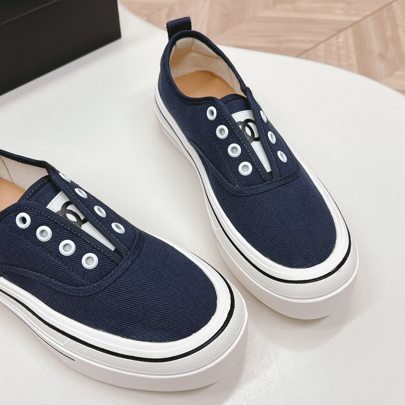 Double C Platform Biscuit Shoes Fabric Navy Blue