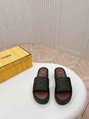 FENDI SIGNATURE WEDGE PLATFORM 6 CM IN BLACK FIBRE WITH BROWN EMBROIDERED LOGO