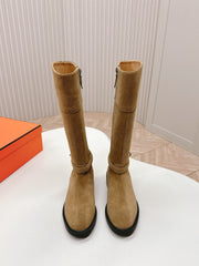 KNEE HIGH BOOTS IN CIDER BROWN SUEDE WITH SILVER BUCKLE