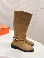 KNEE HIGH BOOTS IN CIDER BROWN SUEDE WITH SILVER BUCKLE