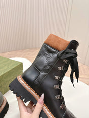 MARTIN LACE-UP ANKLE BOOTS IN BLACK EMBOSSED CALFSKIN MIX BROWN SUEDE