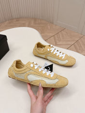 PRADA 26S CLASSIC SNEAKERS IN YELLOW SAND SUEDE AND MESH