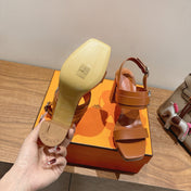 HM 26S GIGI 85 SANDAL IN CARAMEL BROWN CALFSKIN SILVER HARDWARE