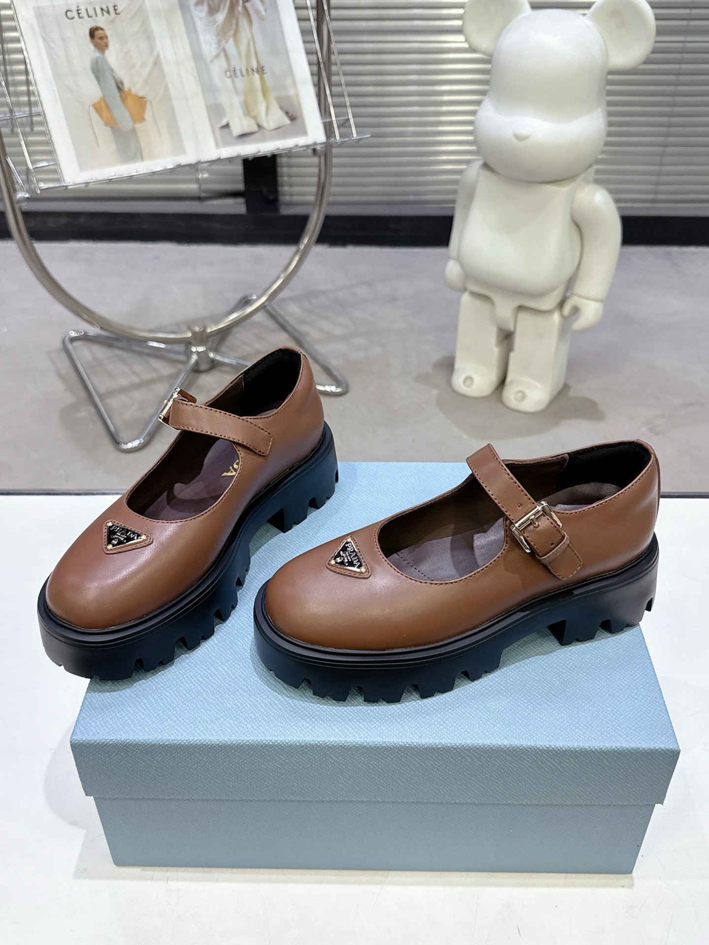 PRADA 25S PLATFORM MARY JANE SHOES IN BROWN CALFSKIN STYLE 1