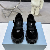 PRADA 25S PLATFORM MARY JANE SHOES IN BLACK SUEDE