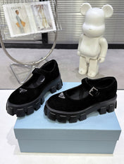 PRADA 25S PLATFORM MARY JANE SHOES IN BLACK SUEDE
