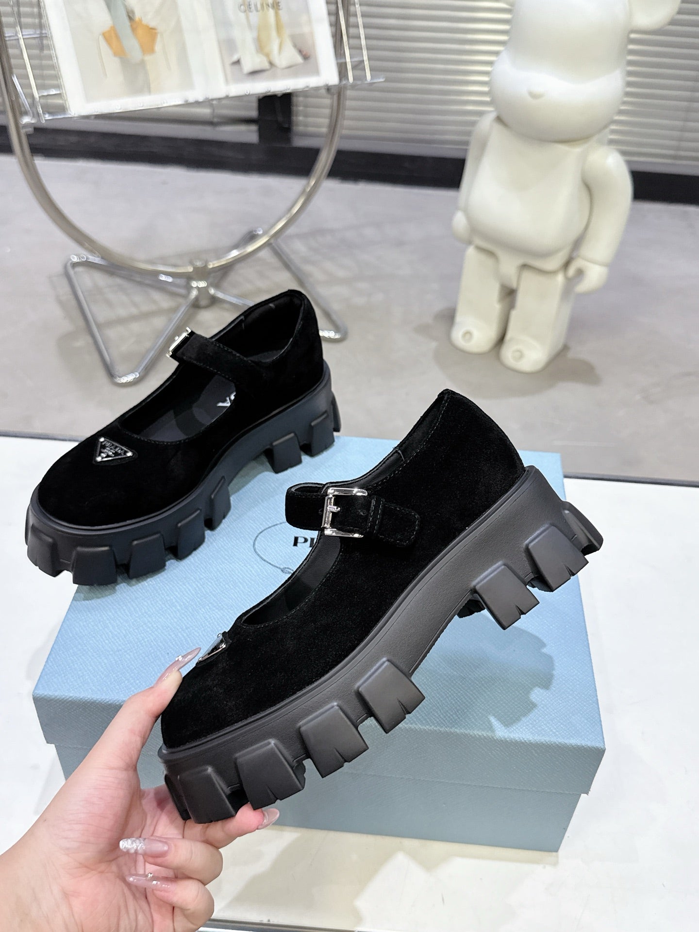 PRADA 25S PLATFORM MARY JANE SHOES IN BLACK SUEDE